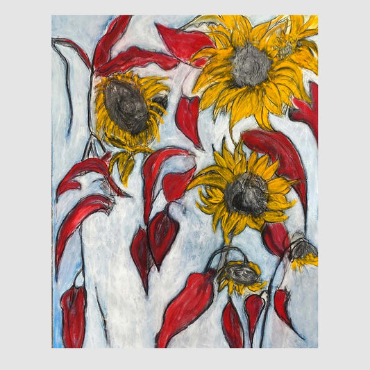Red & Yellow Sunflowers - Size: 89 x 63 cm, Medium: Oil on Fabriano, Framed