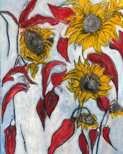 Red & Yellow Sunflowers - Size: 89 x 63 cm,  Medium: Oil on Fabriano,  Framed