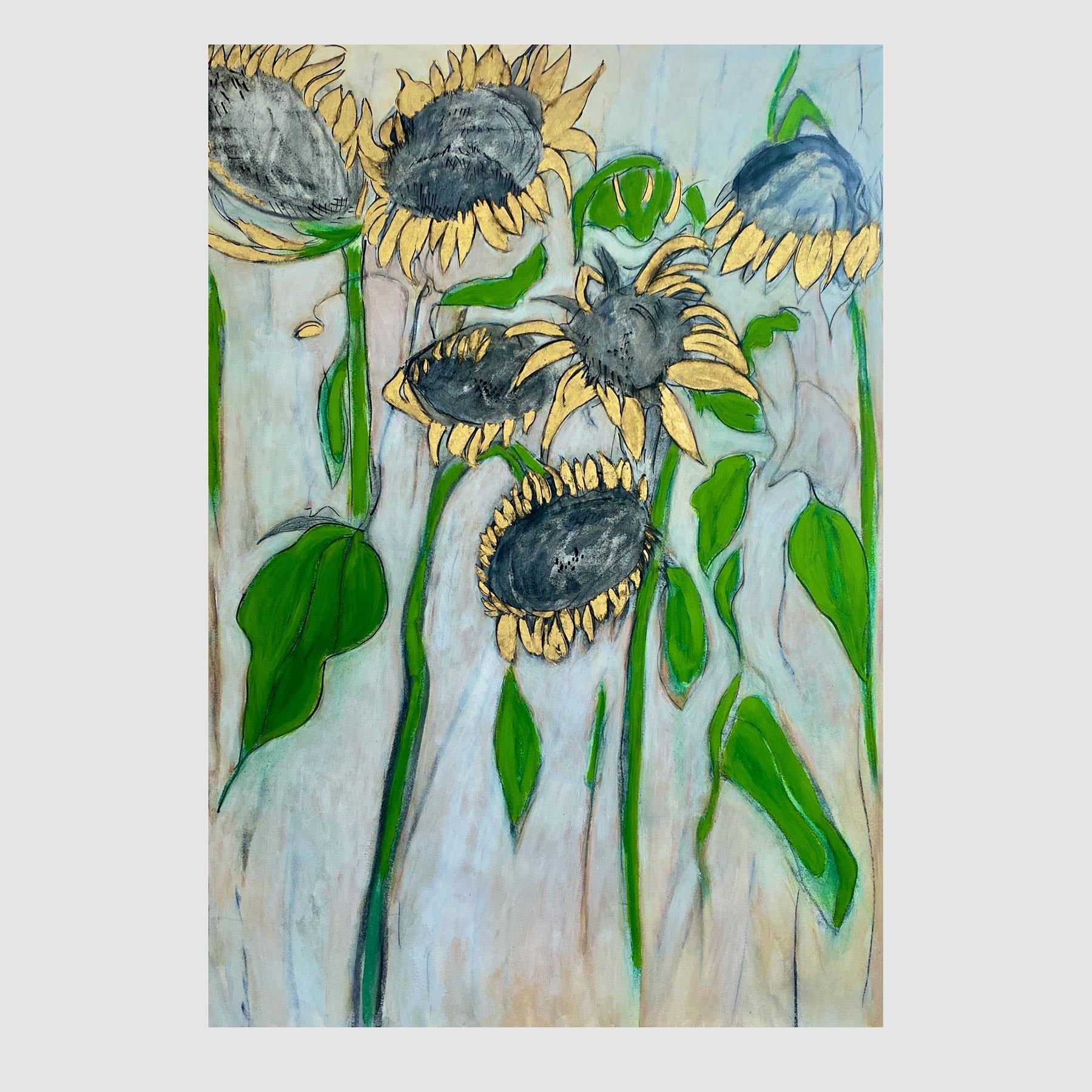 Gold Sunflowers - Size: 89 x 63 cm, Medium: Oil & Gold Leaf on Fabriano, Framed