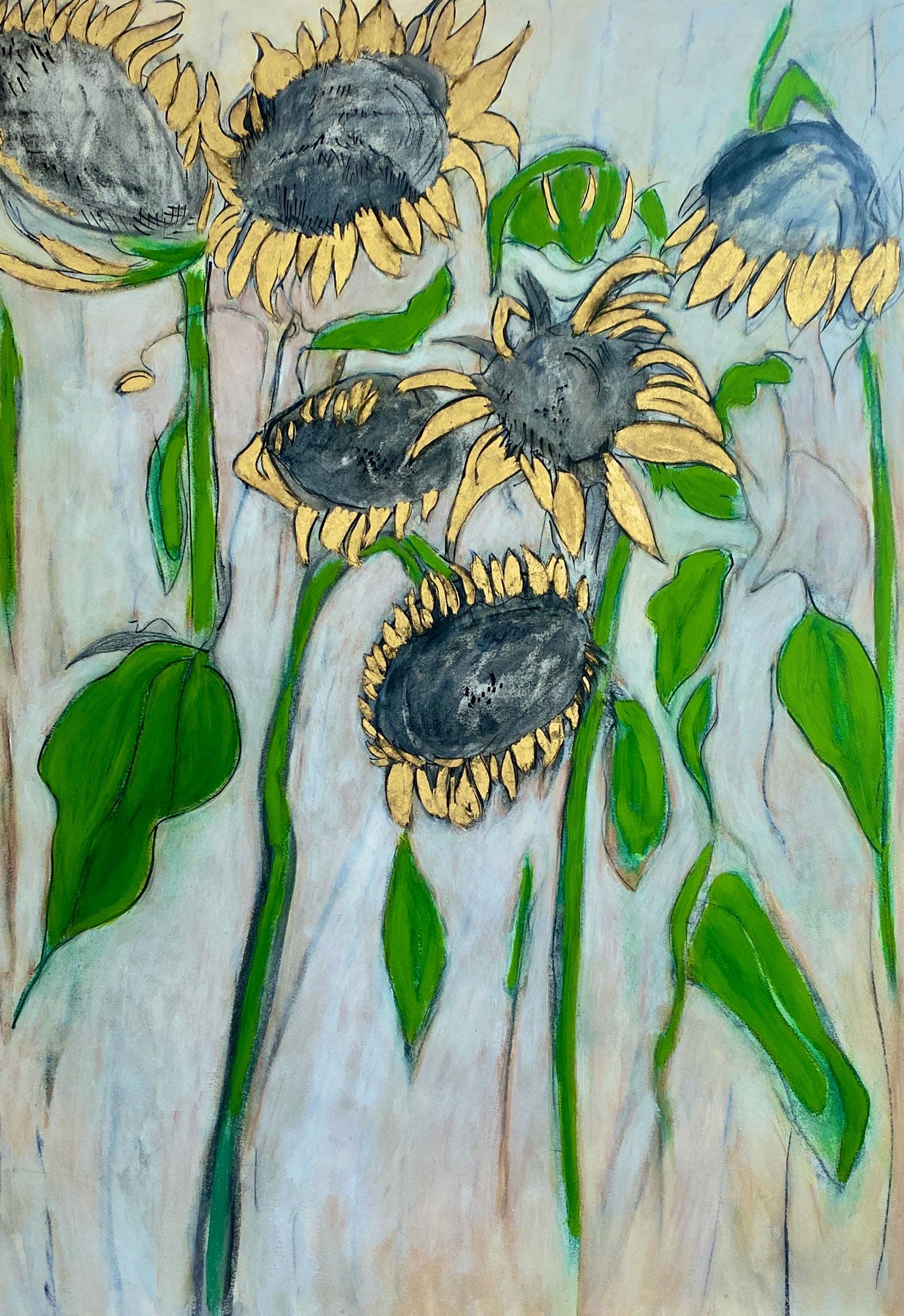 Gold Sunflowers - Size: 89 x 63 cm,  Medium: Oil & Gold Leaf on Fabriano,  Framed